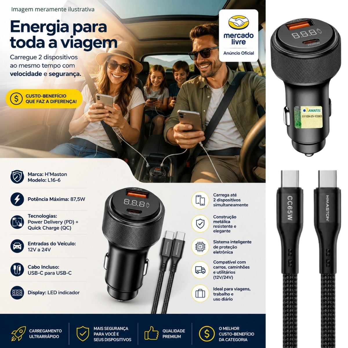 Carregador Veicular Hmaston L16-6 Turbo 87.5w Com Cabo C - Imagem 2