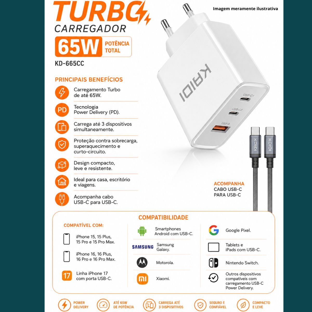 Carregador Turbo Kaidi KD-665CC com Cabo Tipo C - Imagem 3