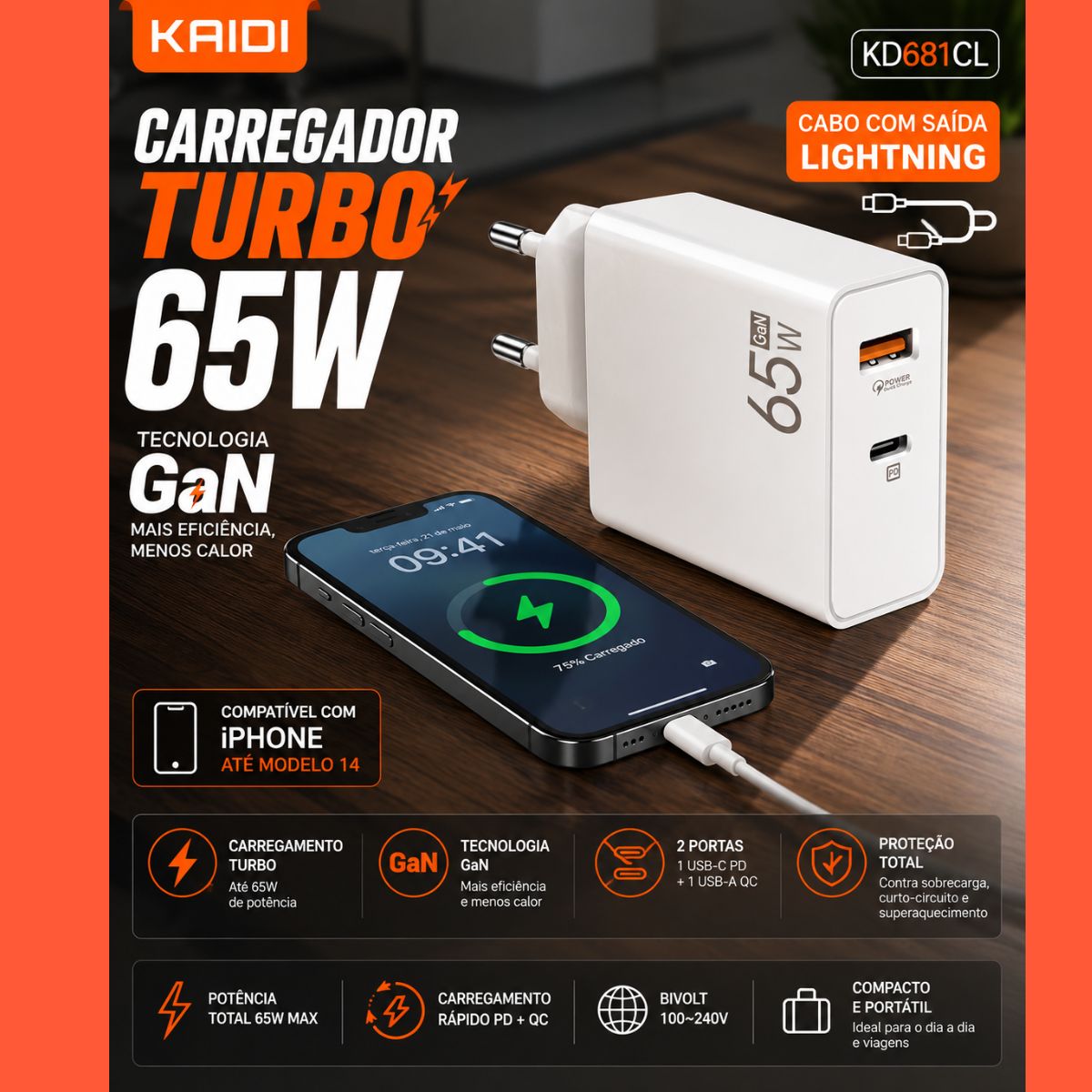 Carregador Tomada Turbo Kaidi KD-681CL 65W Com Cabo Lightning - Imagem 2