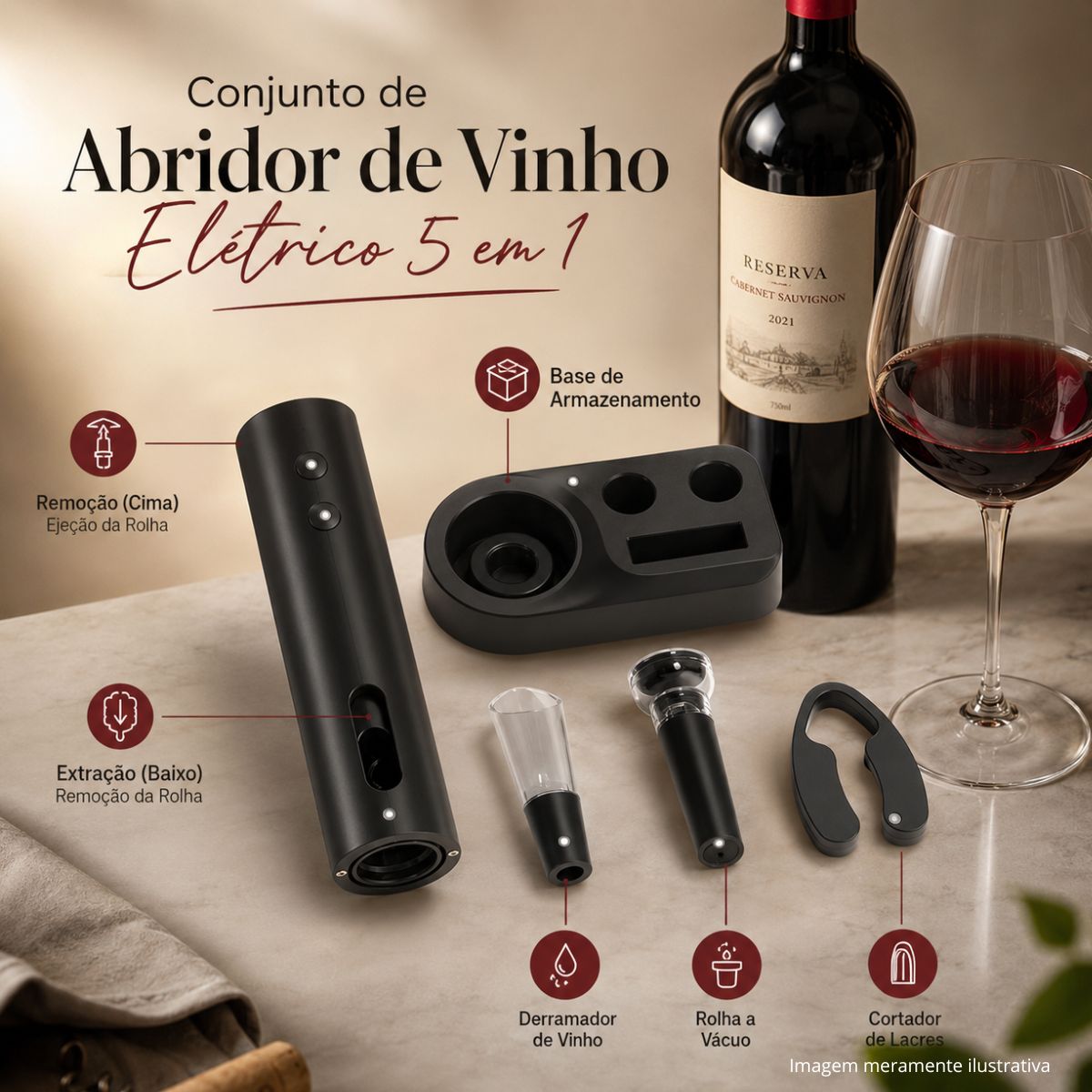 Abridor De Vinho 5 Em 1 Elétrico Com Base e Pilhas Inclusas - Imagem 2