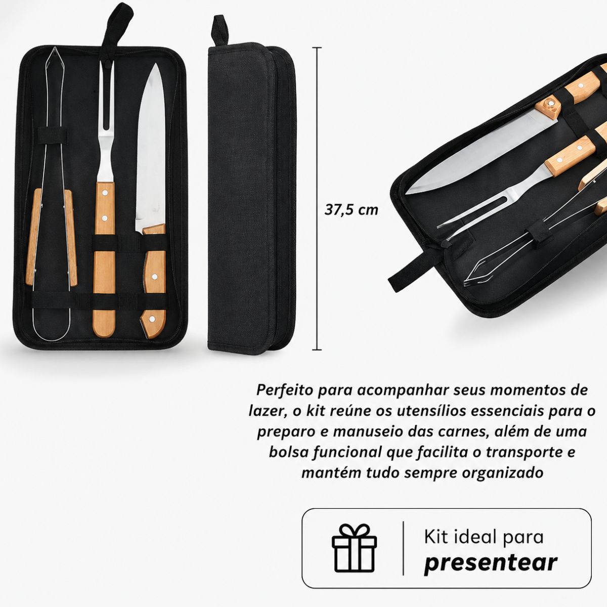 Kit Churrasco Premium 3 Peças Inox Cabo Madeira Com Estojo - Imagem 2