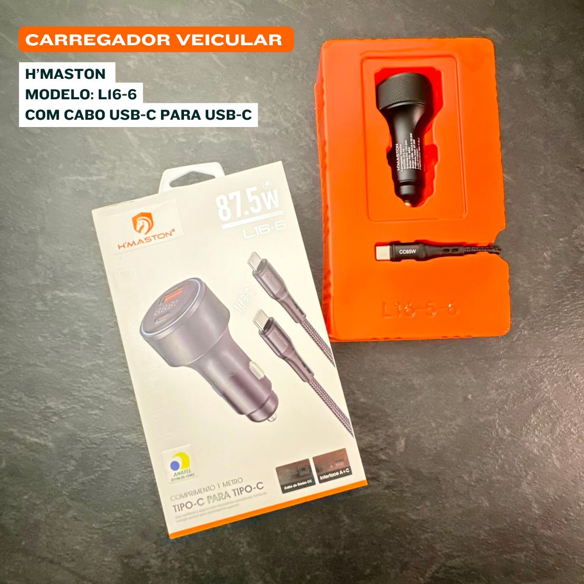 Carregador Veicular Hmaston L16-6 Turbo 87.5w Com Cabo C - Imagem 3