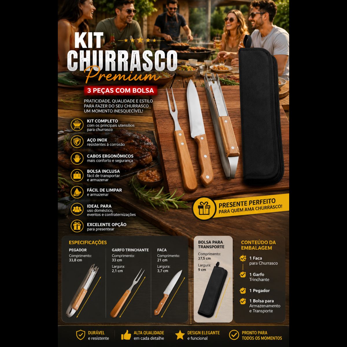Kit Churrasco Premium 3 Peças Inox Cabo Madeira Com Estojo - Imagem 3