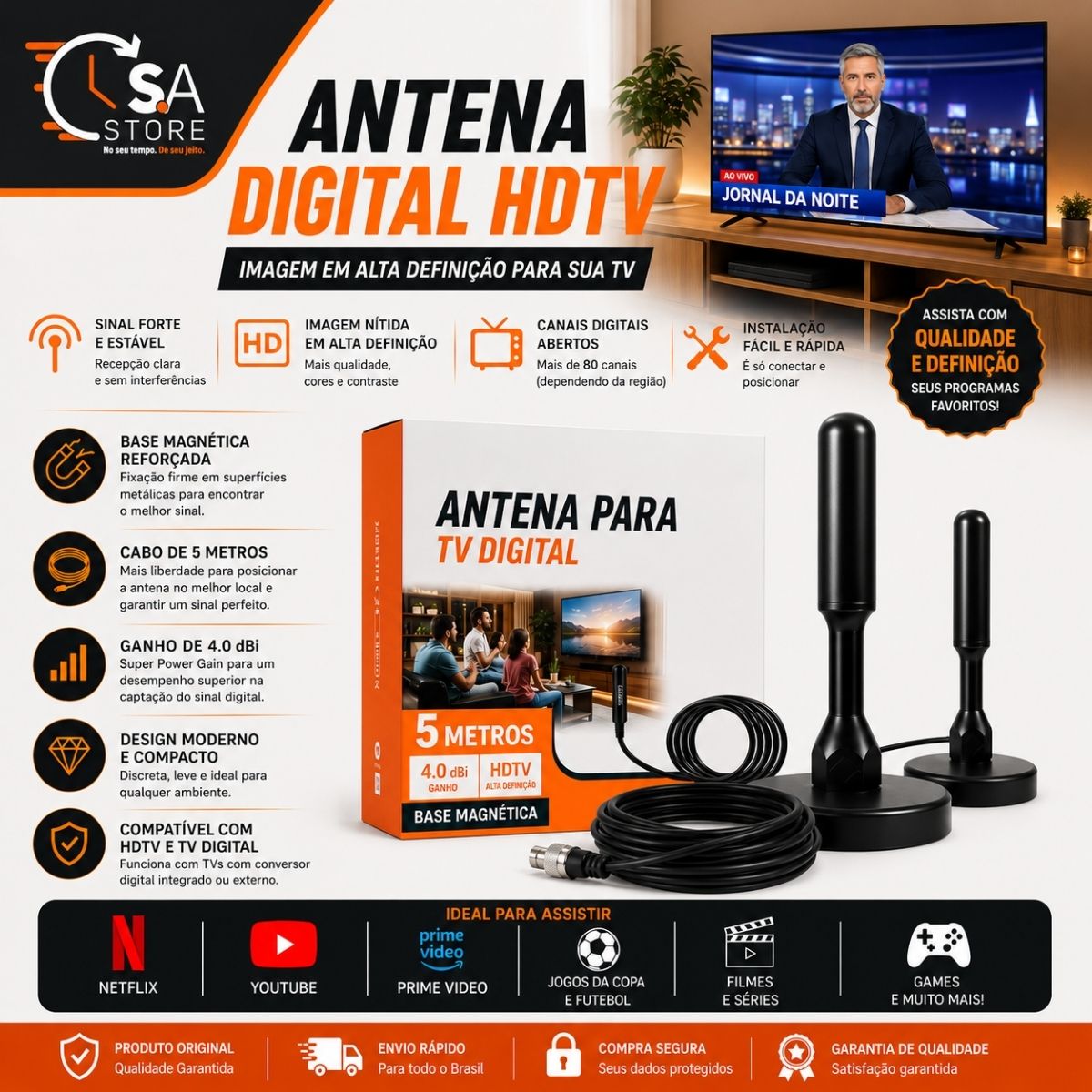 Antena Digital Hmaston CB-12 Interna Externa HDTV Cabo 5m - Imagem 4