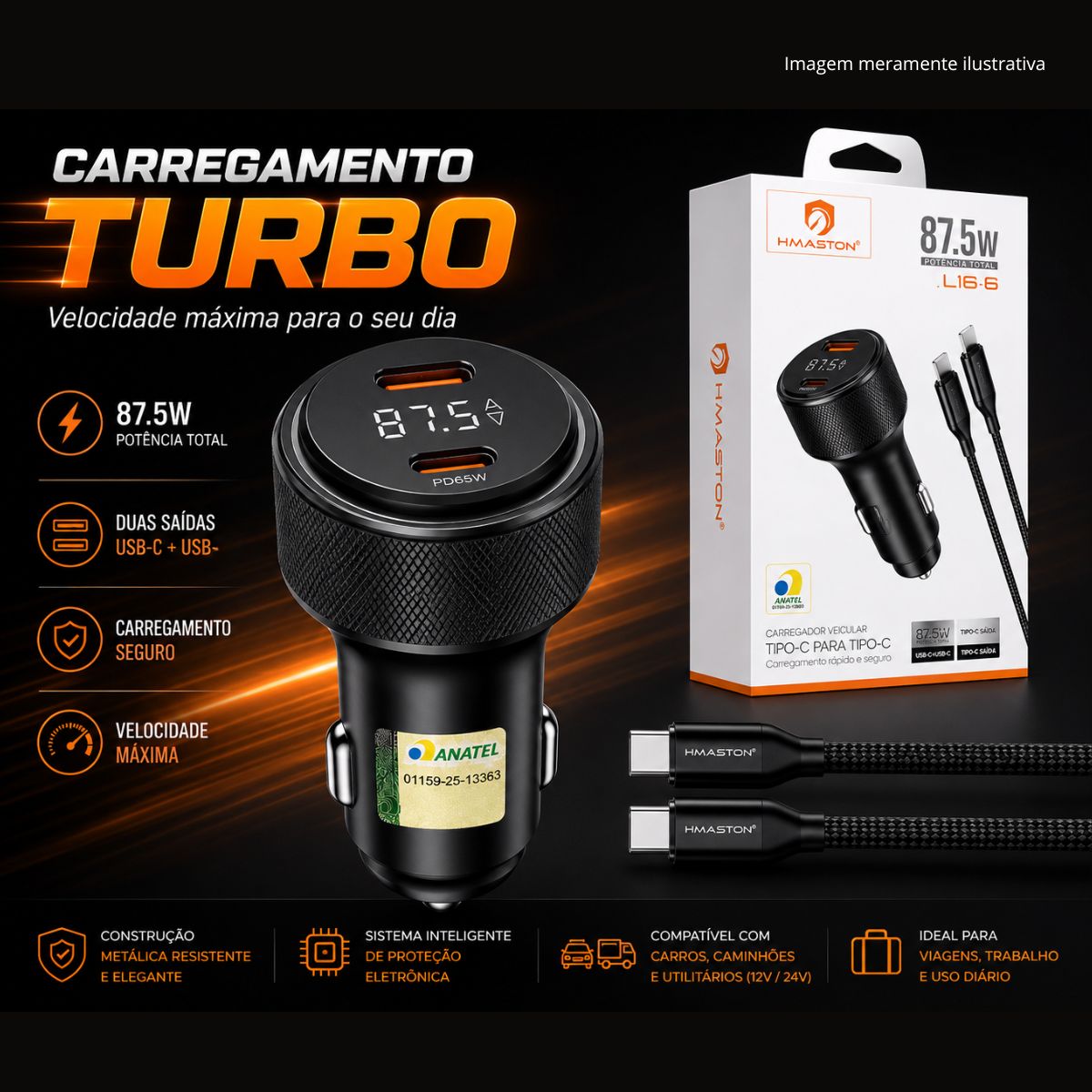 Carregador Veicular Hmaston L16-6 Turbo 87.5w Com Cabo C - Imagem 4