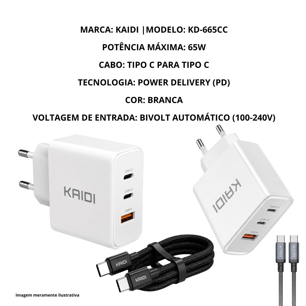 Carregador Turbo Kaidi KD-665CC com Cabo Tipo C - Imagem 4