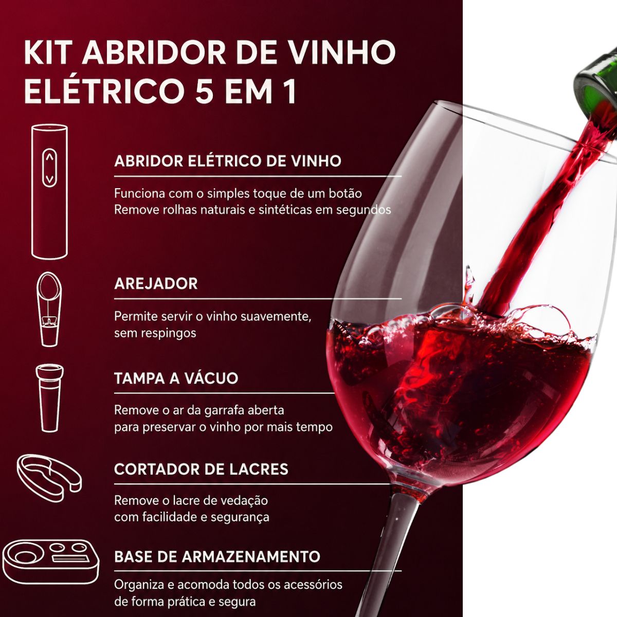 Abridor De Vinho 5 Em 1 Elétrico Com Base e Pilhas Inclusas - Imagem 4