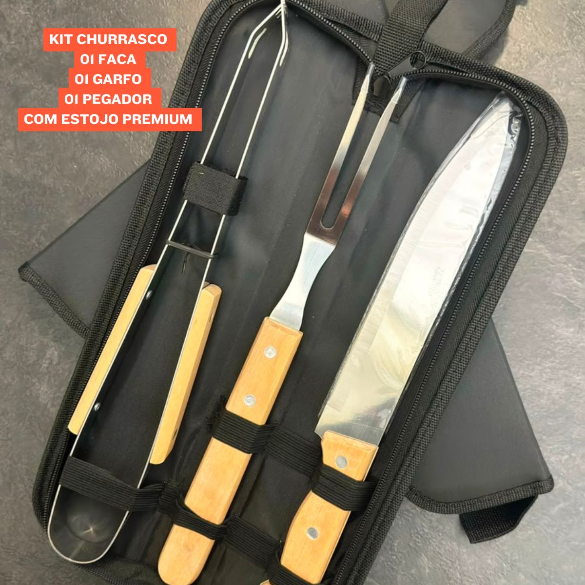 Kit Churrasco Premium 3 Peças Inox Cabo Madeira Com Estojo - Imagem 4