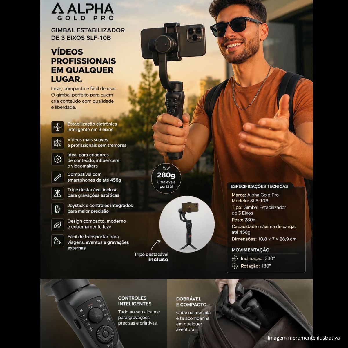 Gimbal Estabilizador De 3 Eixos A'gold Pro Slf-10b Com Tripé - Imagem 2