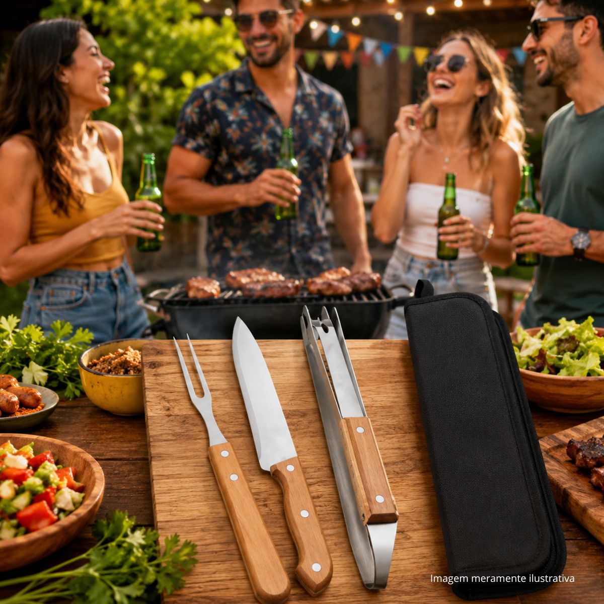 Kit Churrasco Premium 3 Peças Inox Cabo Madeira Com Estojo - Imagem 5