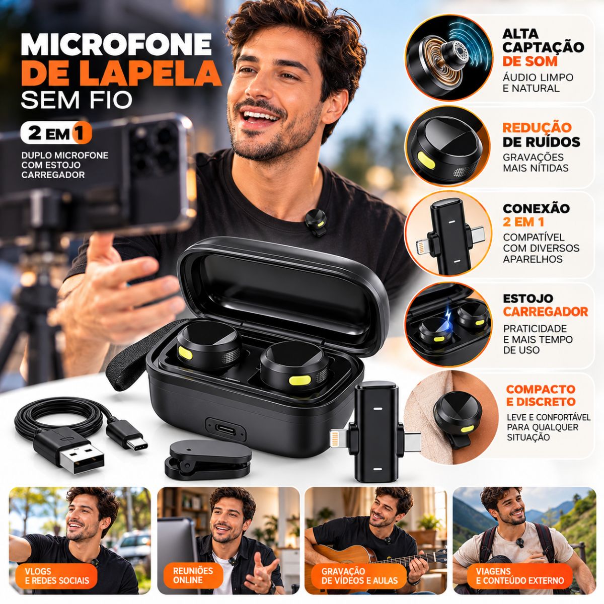 Microfone Lapela A'Gold Pro MCF-38 Duplo Usb-C e Lightning - Imagem 5